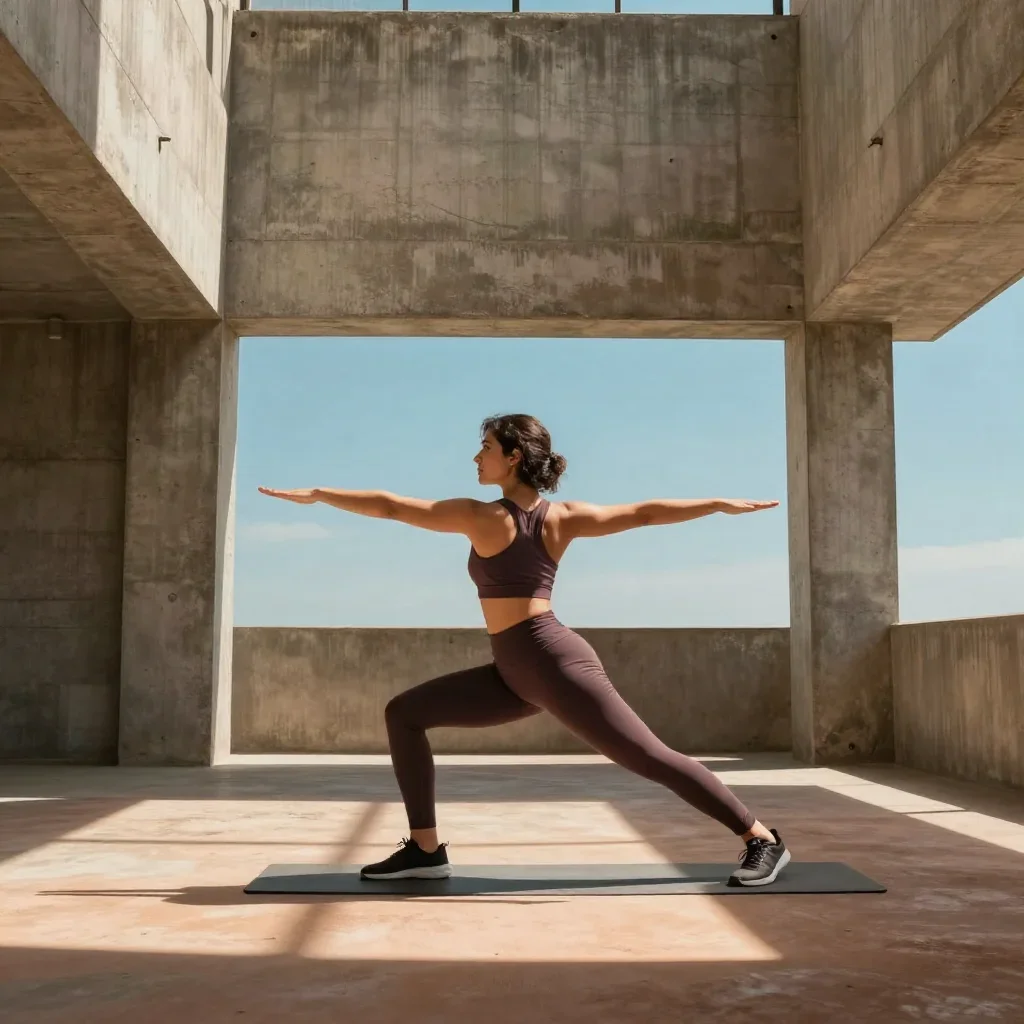 a fitness creator stretching in a sunlit loft in a bold, open-armed welcome, in a brutalist concrete atrium, National Ge