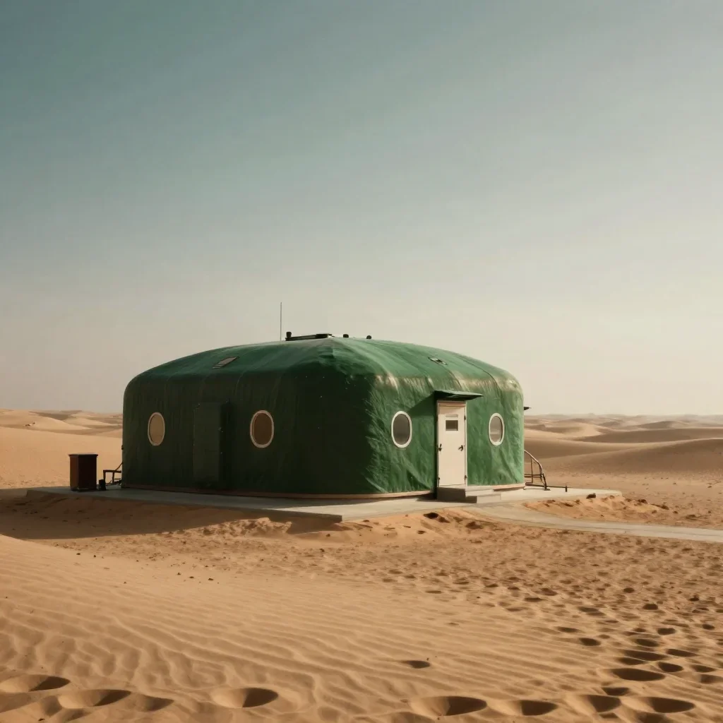 a desert research station in quiet late-afternoon haze, high-end design magazine photography, restrained color harmony,