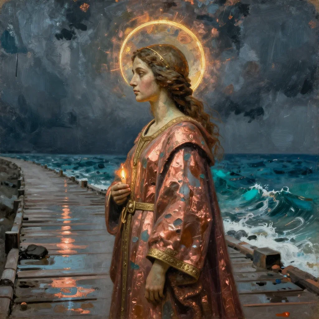 a celestial priestess with haloed candlelight in a dramatic three-quarter profile, on a storm-washed boardwalk, Renaissa