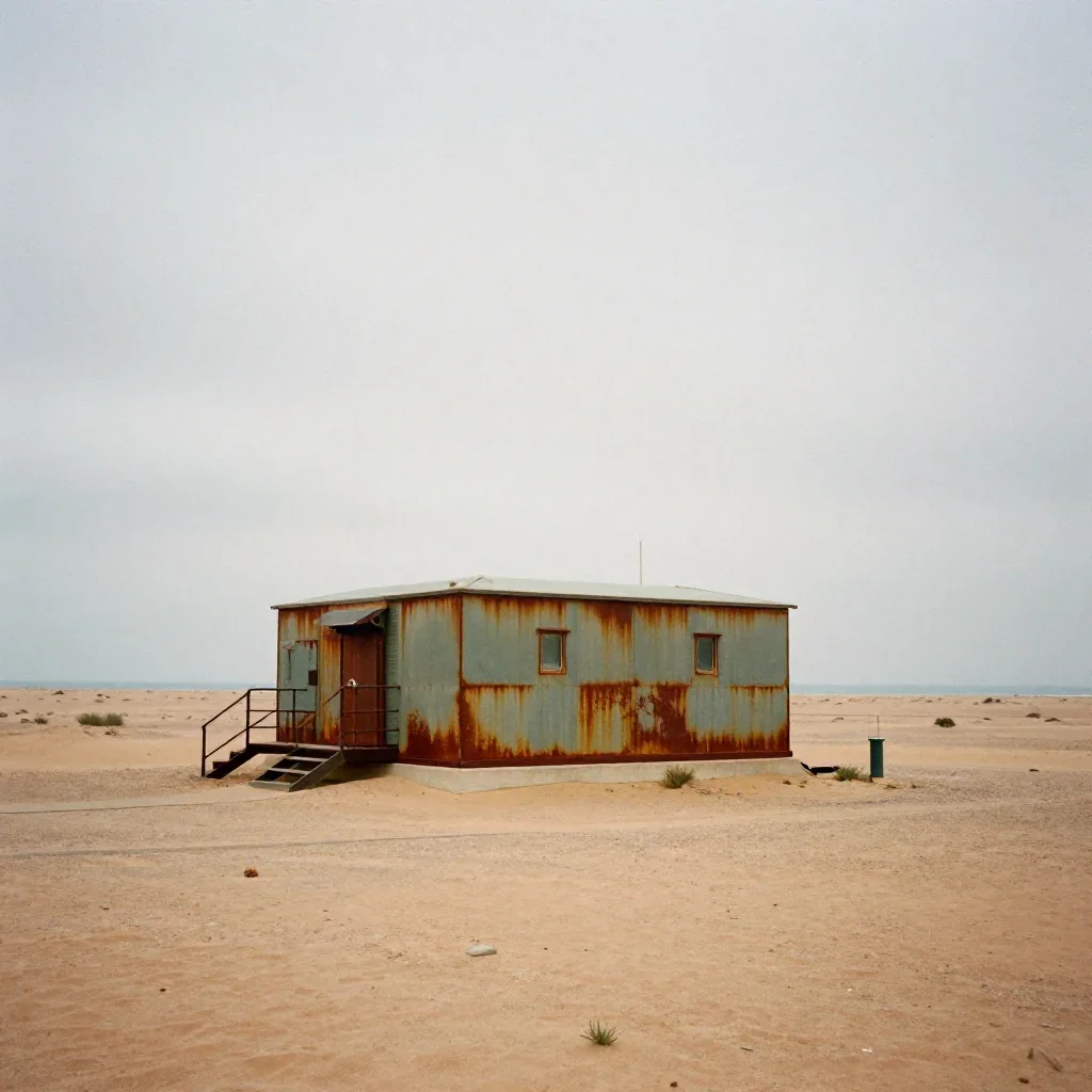 a desert research station under overcast coastal light, soft-grain analog film photography, subtle film grain, rust and