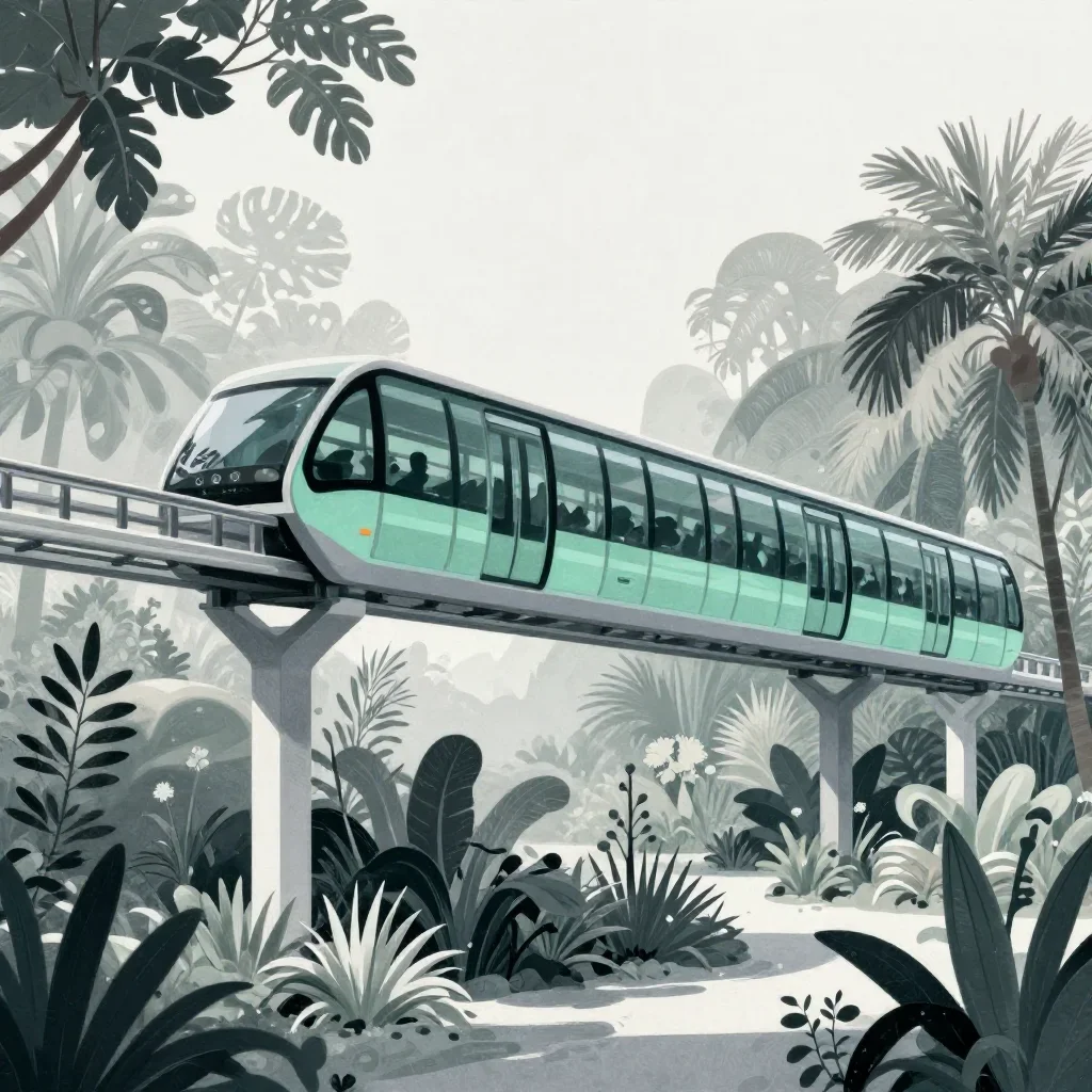 a glass monorail in crisp winter sunlight, contemporary botanical illustration, atmospheric depth, jade and charcoal pal