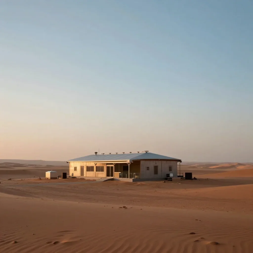 a desert research station in quiet late-afternoon haze, quiet science-fiction concept art, calm negative space, terracot