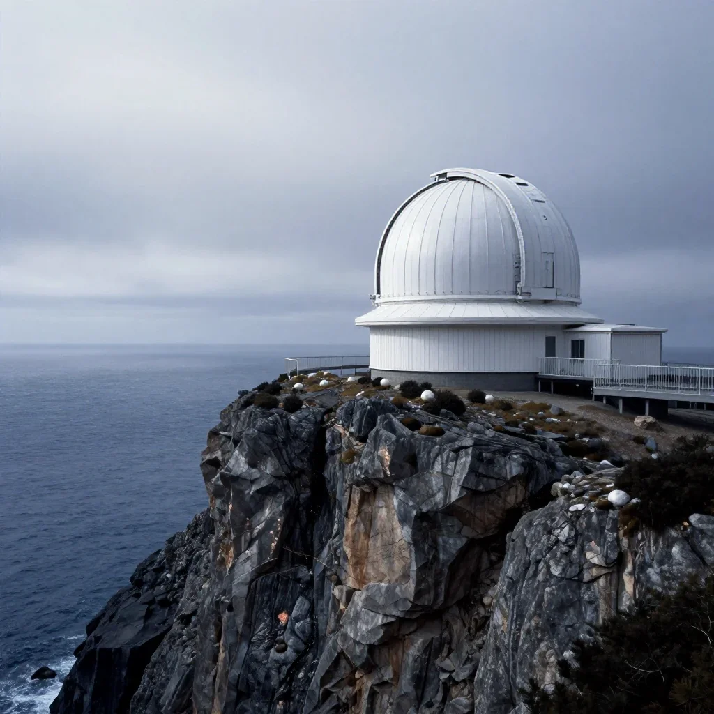 a cliffside observatory under overcast coastal light, quiet science-fiction concept art, soft volumetric light, indigo a
