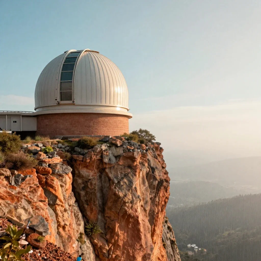 a cliffside observatory after warm summer rain, high-end design magazine photography, soft volumetric light, terracotta 