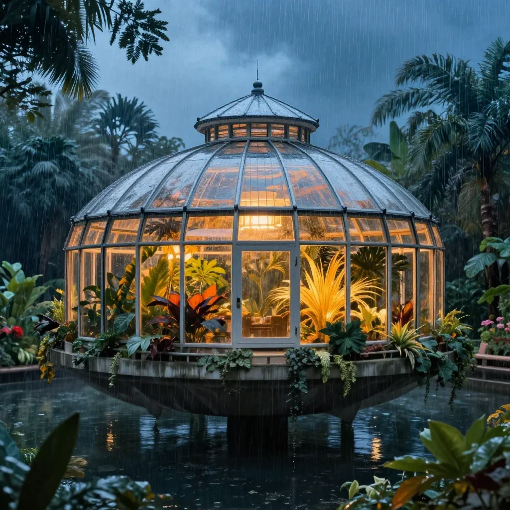 a floating botanical conservatory after warm summer rain, dreamlike fine-art landscape photography, atmospheric depth, c