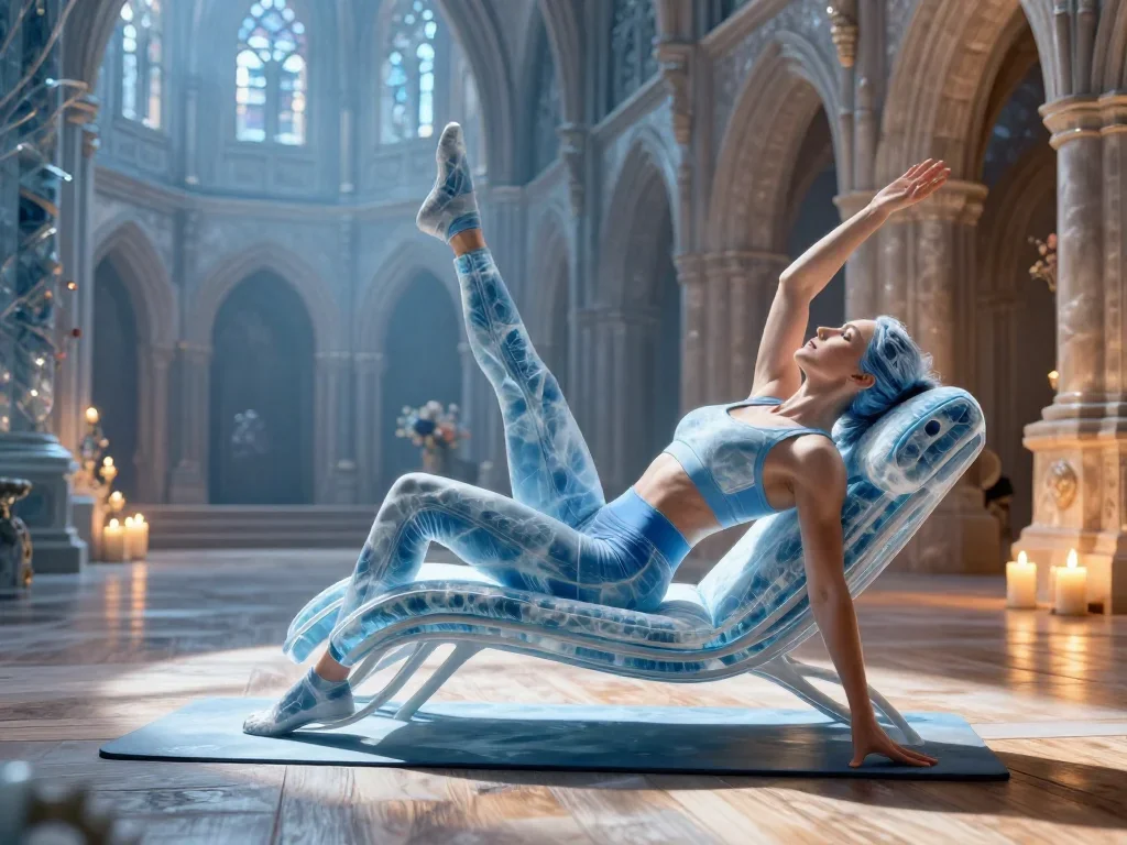a fitness creator stretching in a sunlit loft reclining elegantly on a chaise, in a candle-lit cathedral ruin, dreamlike fantasy illustration, crisp material detail, ice blue and warm cedar palette, no text, no logo,...