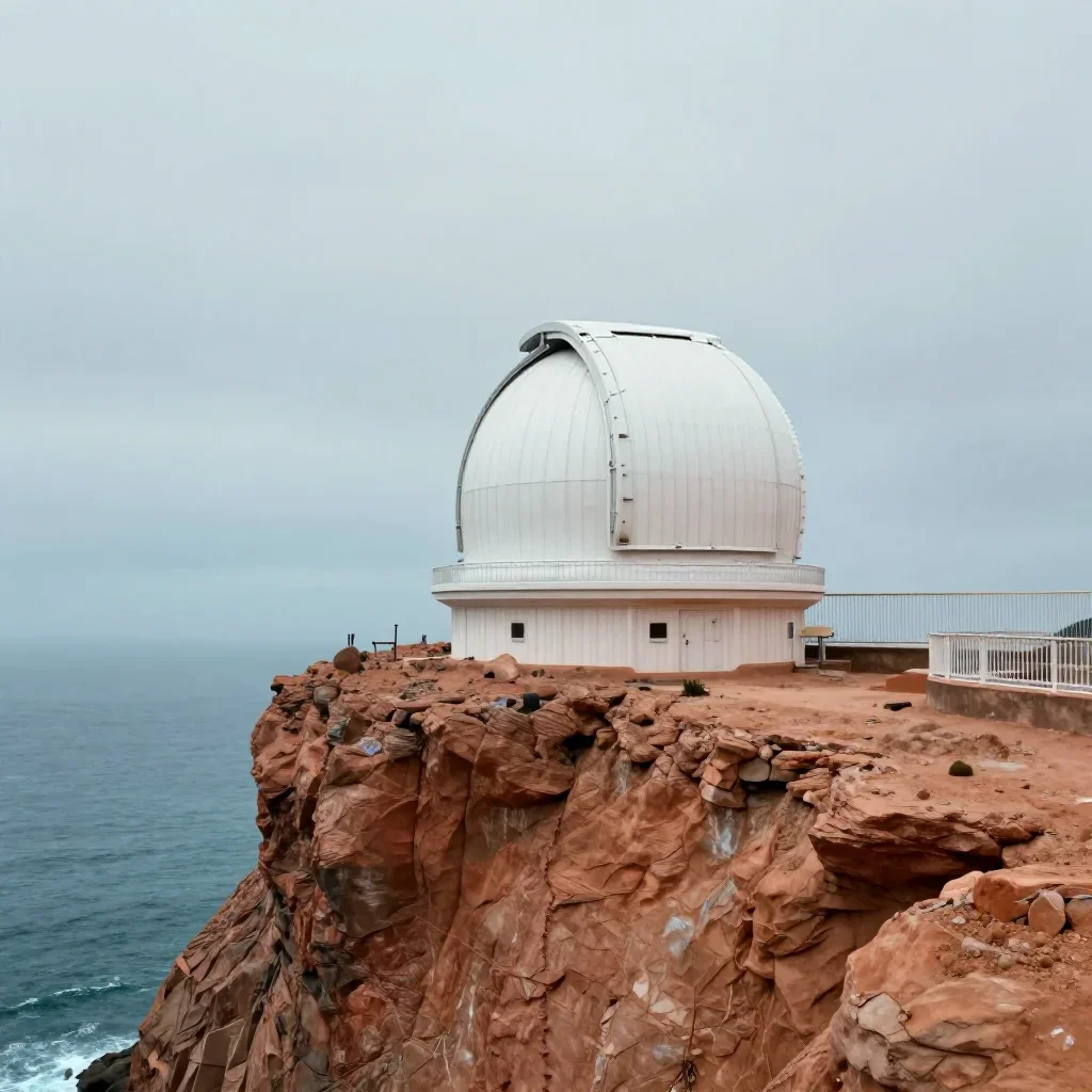 a cliffside observatory under overcast coastal light, quiet science-fiction concept art, atmospheric depth, terracotta a