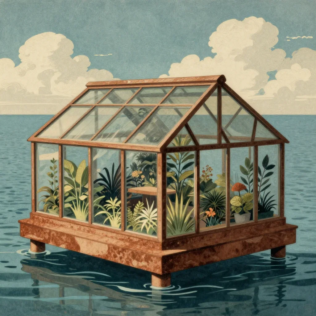 a floating botanical conservatory in a gentle sea breeze, Japanese woodblock-inspired editorial art, careful geometric c