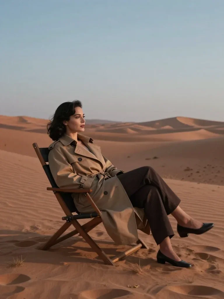 a noir detective's femme fatal muse in a trench coat reclining elegantly on a chaise, in a silent desert at twilight, ci