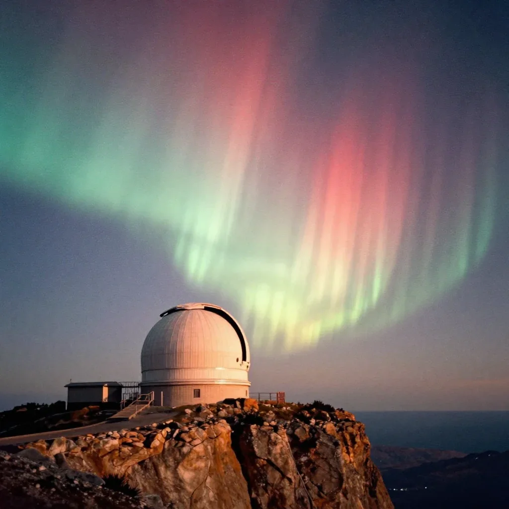 a cliffside observatory beneath an aurora, soft-grain analog film photography, soft volumetric light, ochre and ultramar