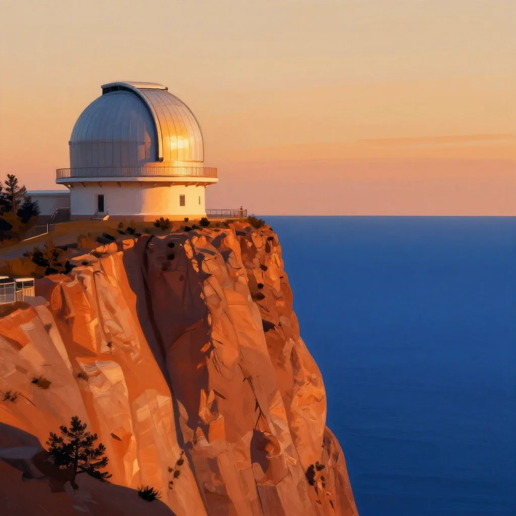 a cliffside observatory during golden hour, modernist poster illustration, calm negative space, ochre and ultramarine pa