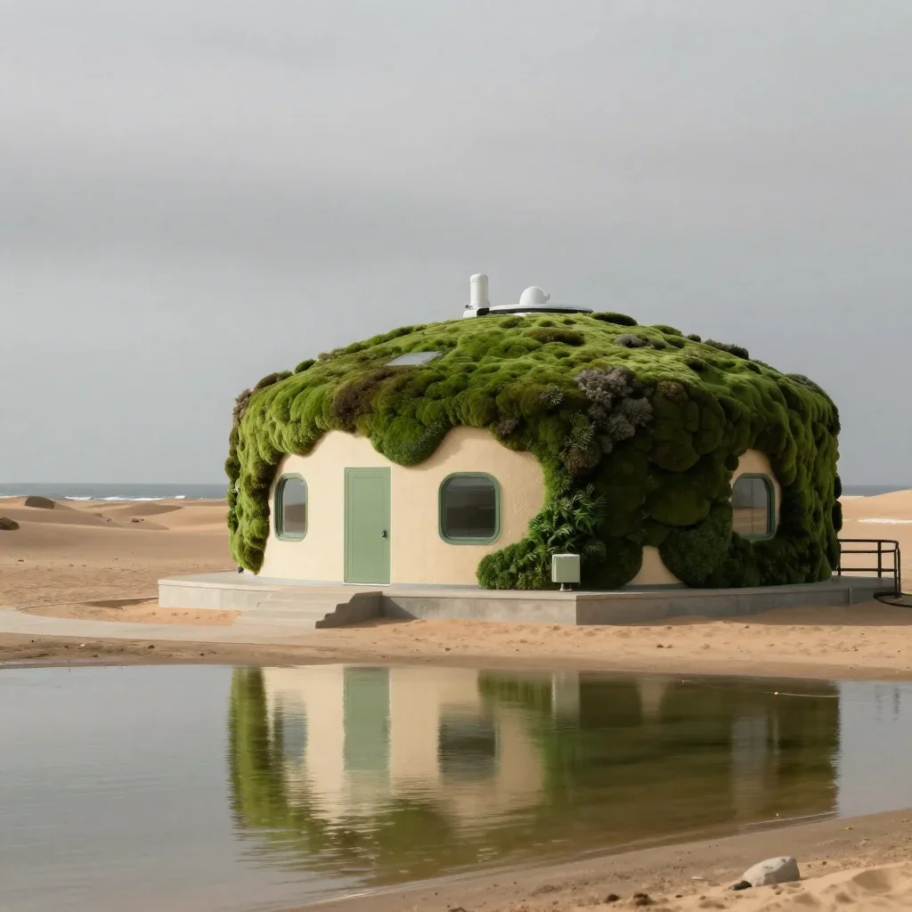 a desert research station under overcast coastal light, cinematic architectural photography, gentle reflected light, moss green and cream palette, no people, no text, no logo, no watermark