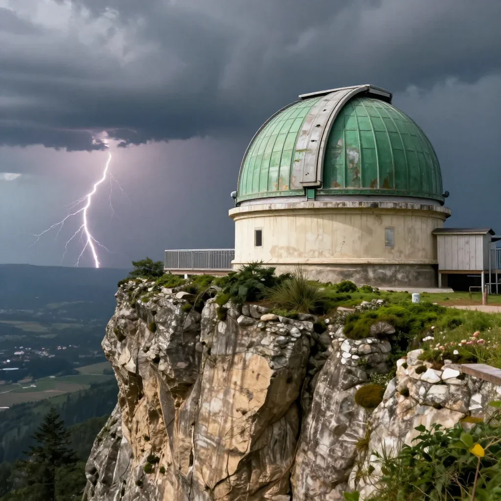 a cliffside observatory after a distant thunderstorm, dreamlike fine-art landscape photography, weathered tactile surfac