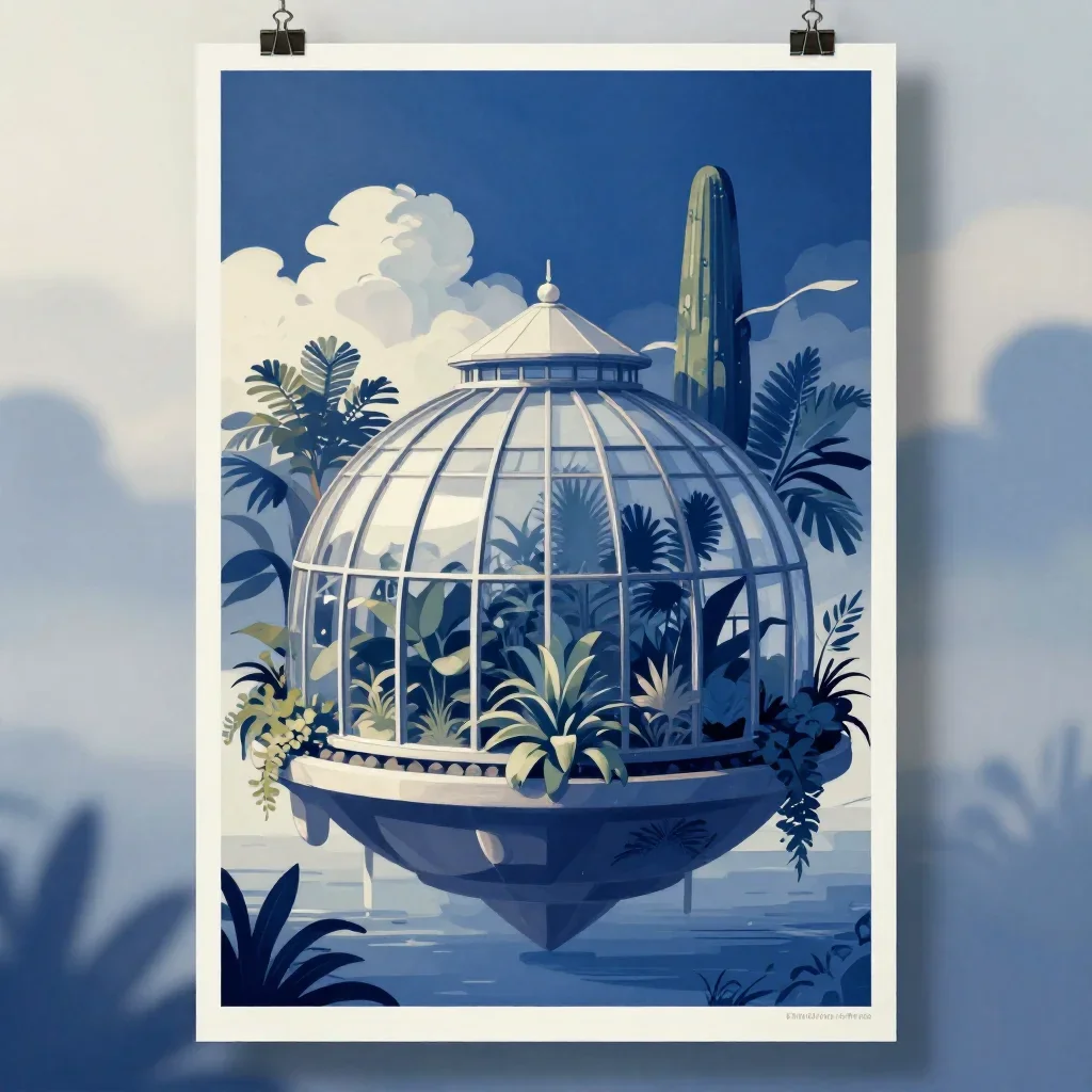 a floating botanical conservatory in quiet late-afternoon haze, modernist poster illustration, restrained color harmony,