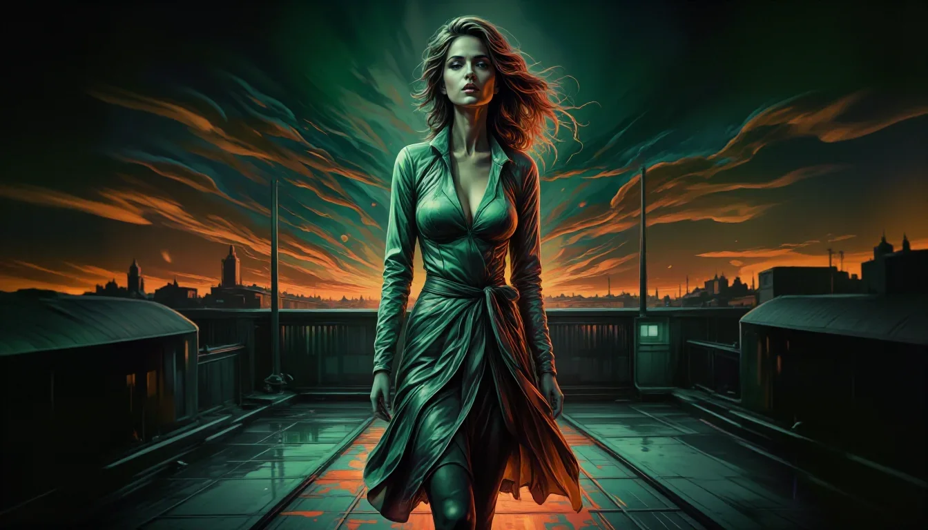 a noir detective's femme fatal muse in a trench coat in a graceful contrapposto pose, on a neon-lit rooftop at midnight,