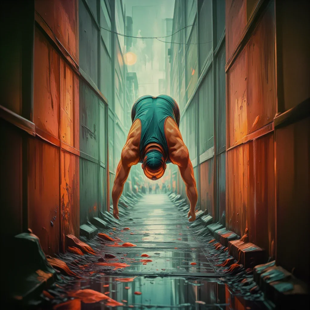 a swimmer before the plunge in a racing suit in a graceful contrapposto pose, in a rain-slick neon alley, moody Fujifilm