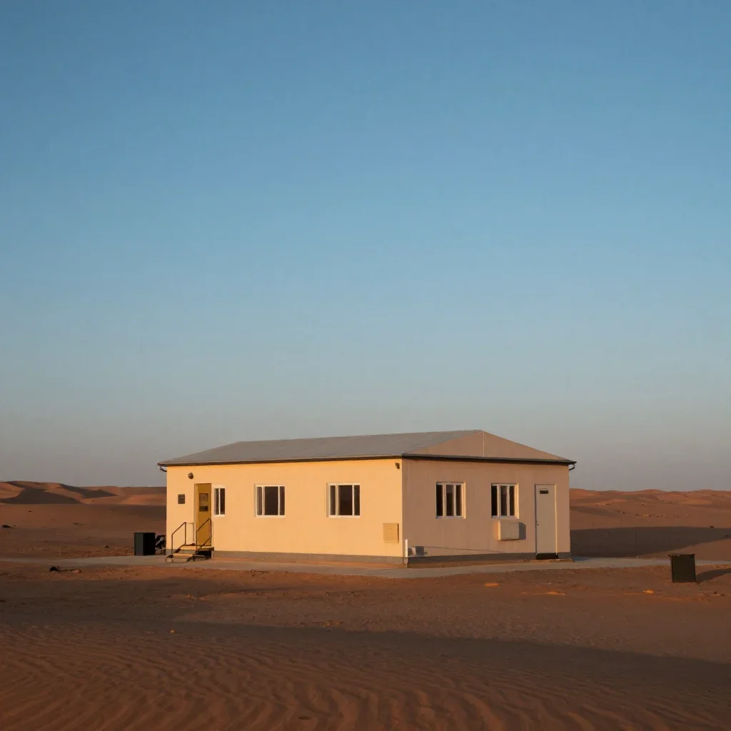 a desert research station at blue hour, museum-quality still-life photography, calm negative space, terracotta and pale