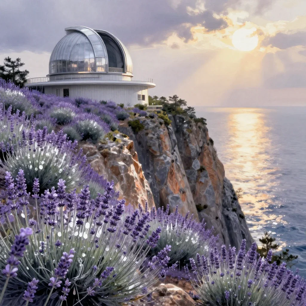 a cliffside observatory after warm summer rain, contemporary botanical illustration, gentle reflected light, lavender an