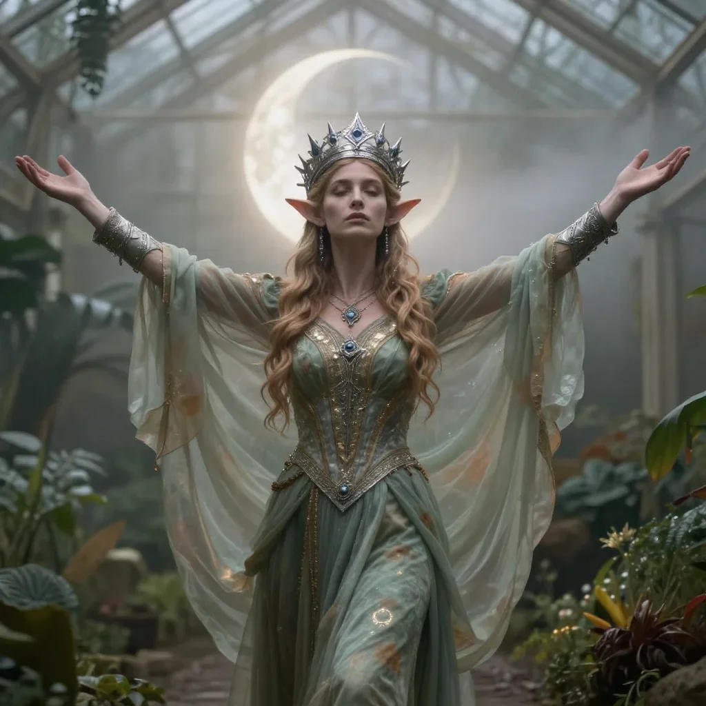 an elven queen in a moonlit silver crown in a bold, open-armed welcome, in a greenhouse humid with mist, mythology-inspi