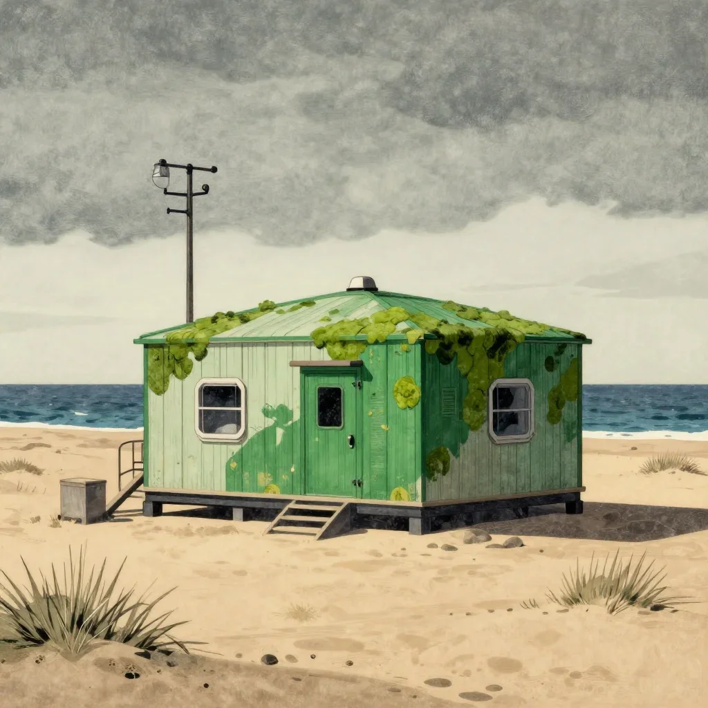 a desert research station under overcast coastal light, Japanese woodblock-inspired editorial art, weathered tactile sur