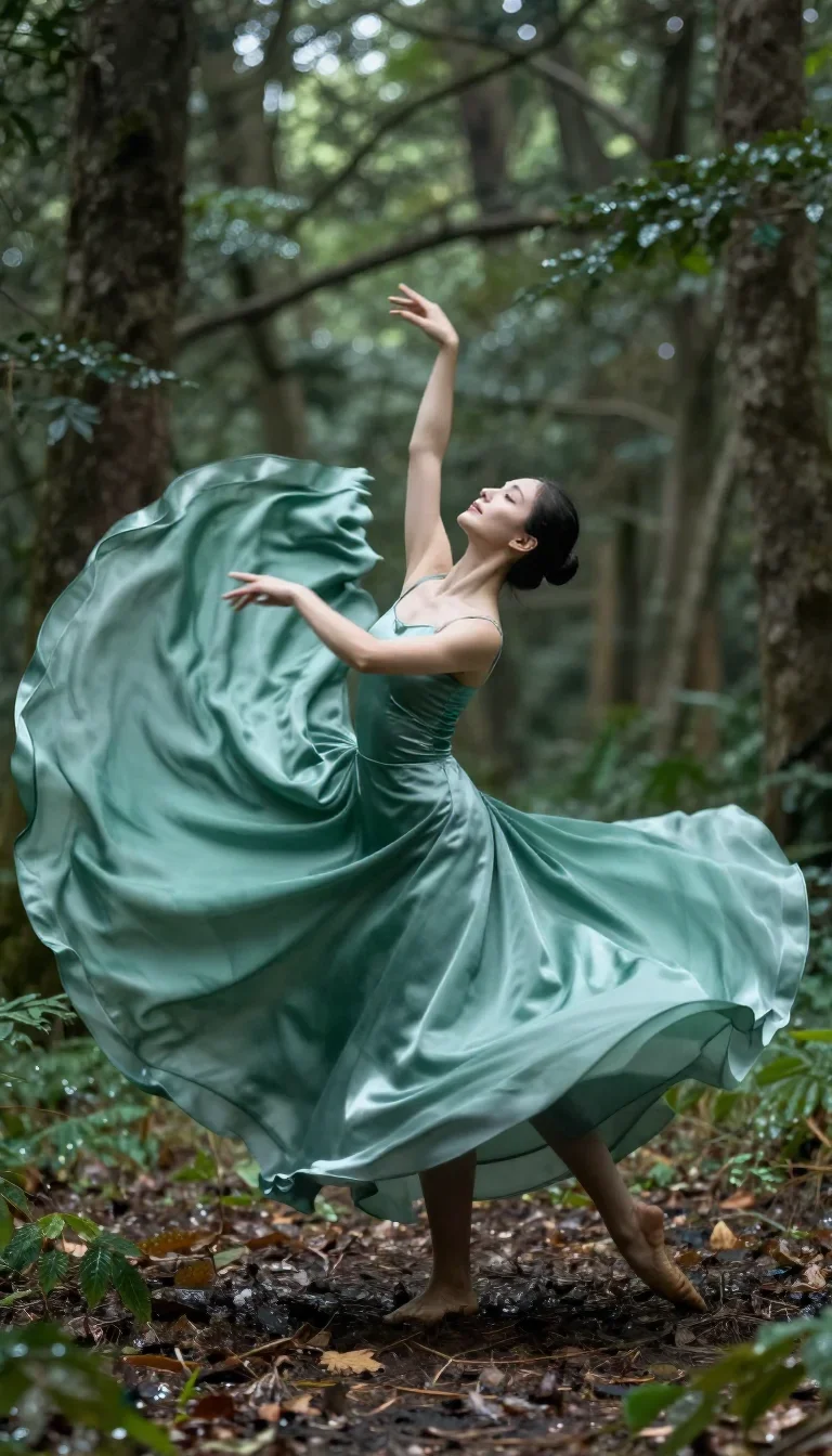 a dancer mid-spin in a silk maxi dress mid-turn with fabric catching the light, in a dewy forest clearing, National Geog