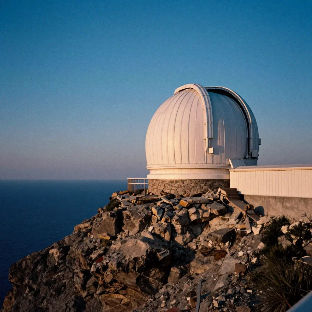 a cliffside observatory at blue hour, soft-grain analog film photography, soft volumetric light, cobalt and amber palett
