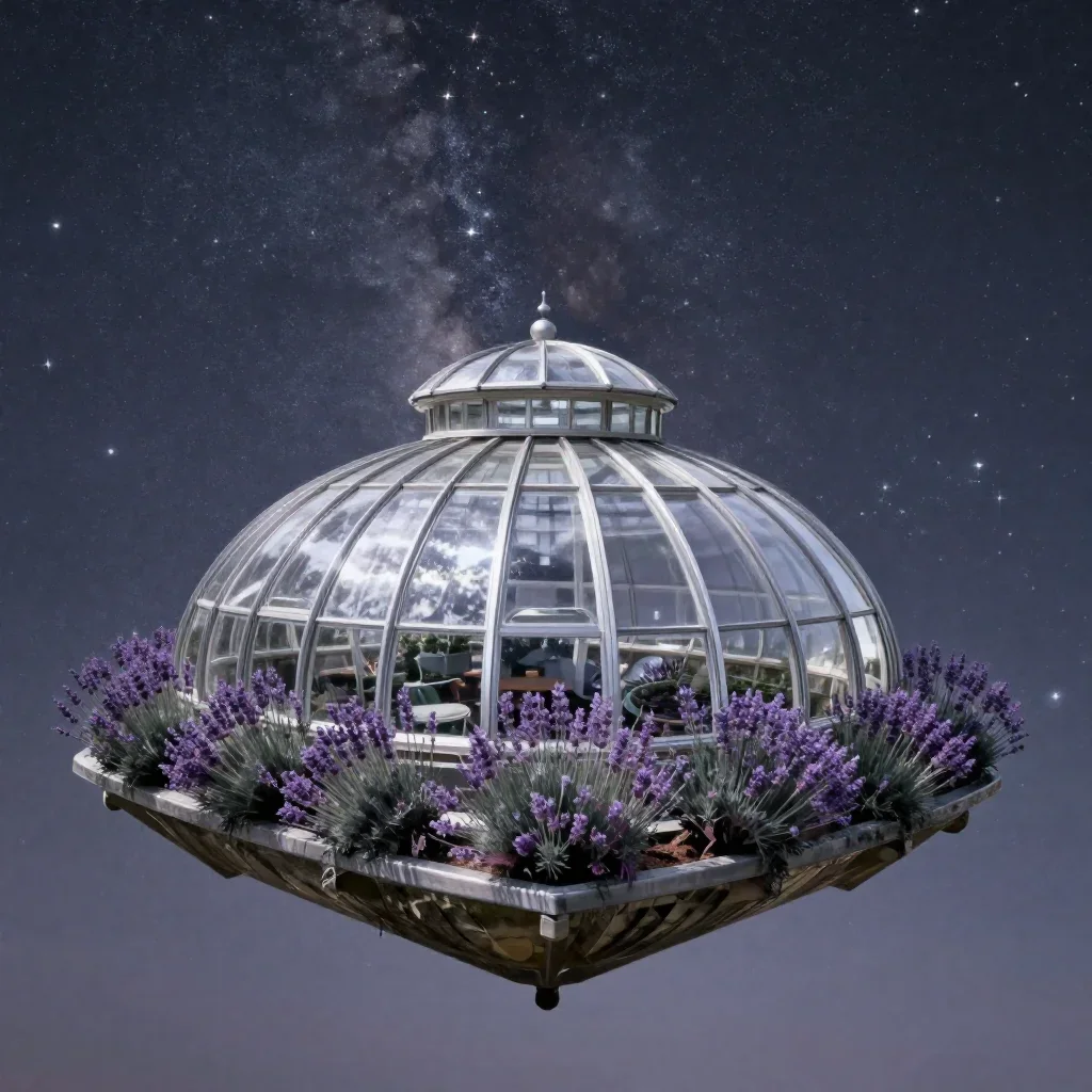 a floating botanical conservatory beneath a star-filled sky, refined editorial travel photography, calm negative space,
