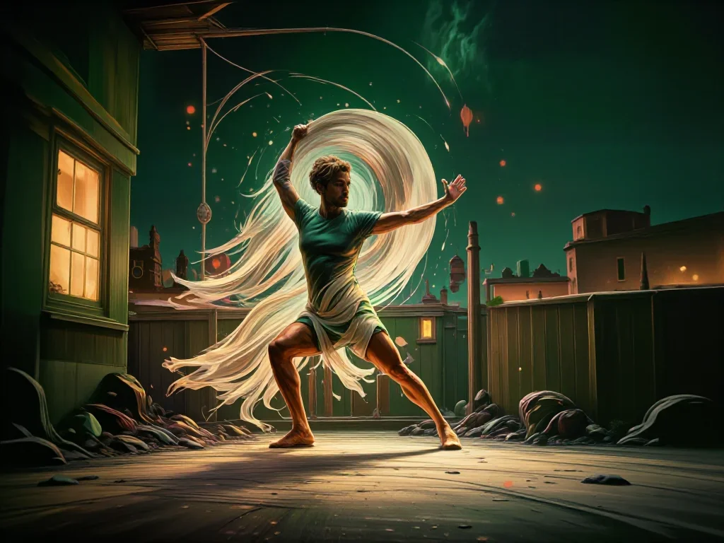 a fitness creator stretching in a sunlit loft mid-turn with fabric catching the light, on a neon-lit rooftop at midnight