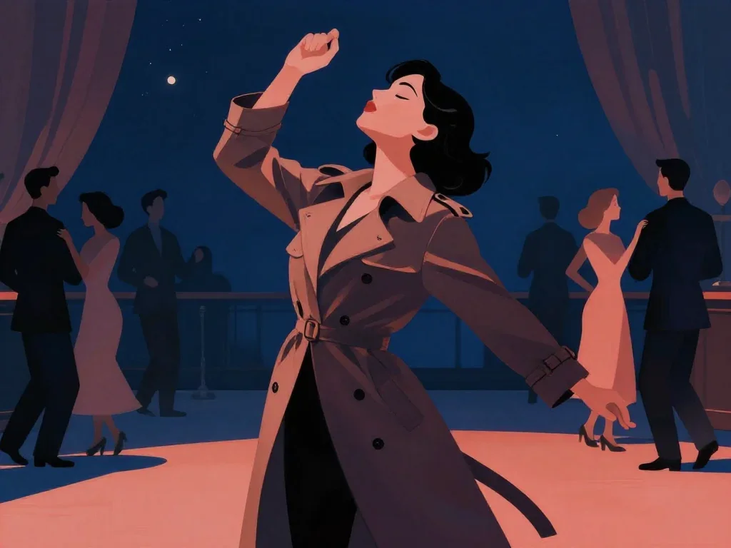 a noir detective's femme fatal muse in a trench coat in a deep breath with eyes closed, on a midnight dance floor, dream