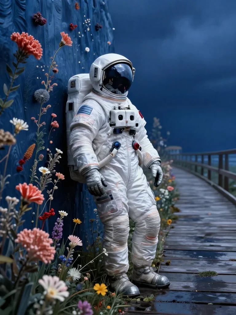 an astronaut in a reflective bodysuit among wildflowers in a wind-swept lean against a wall, on a storm-washed boardwalk
