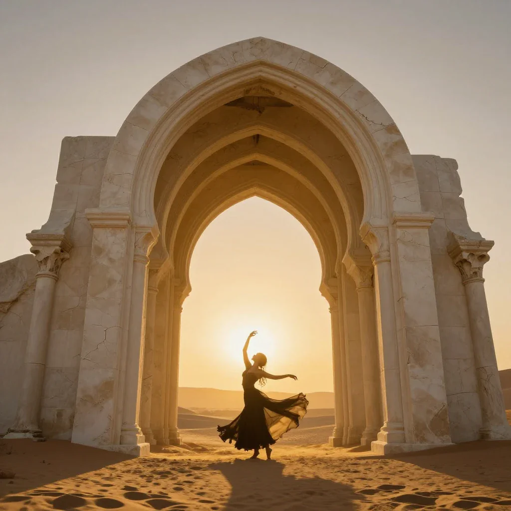 Surreal desert cathedral of bone-white arches, lone dancer silhouette, golden hour god rays