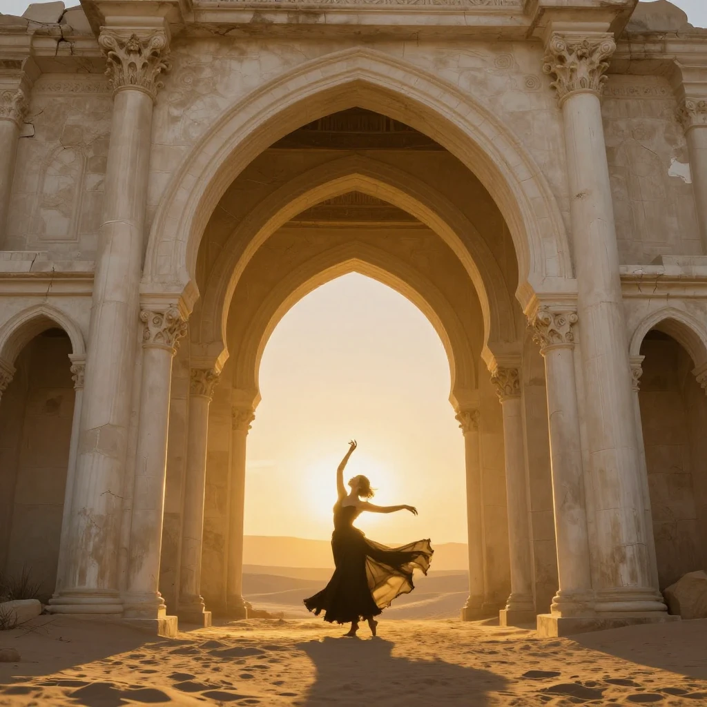 Surreal desert cathedral of bone-white arches, lone dancer silhouette, golden hour god rays