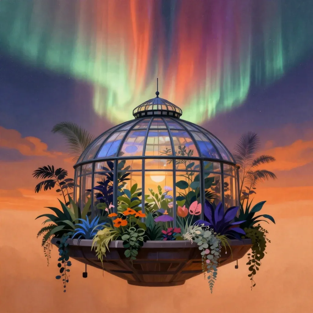a floating botanical conservatory beneath an aurora, contemporary botanical illustration, soft volumetric light, ochre a