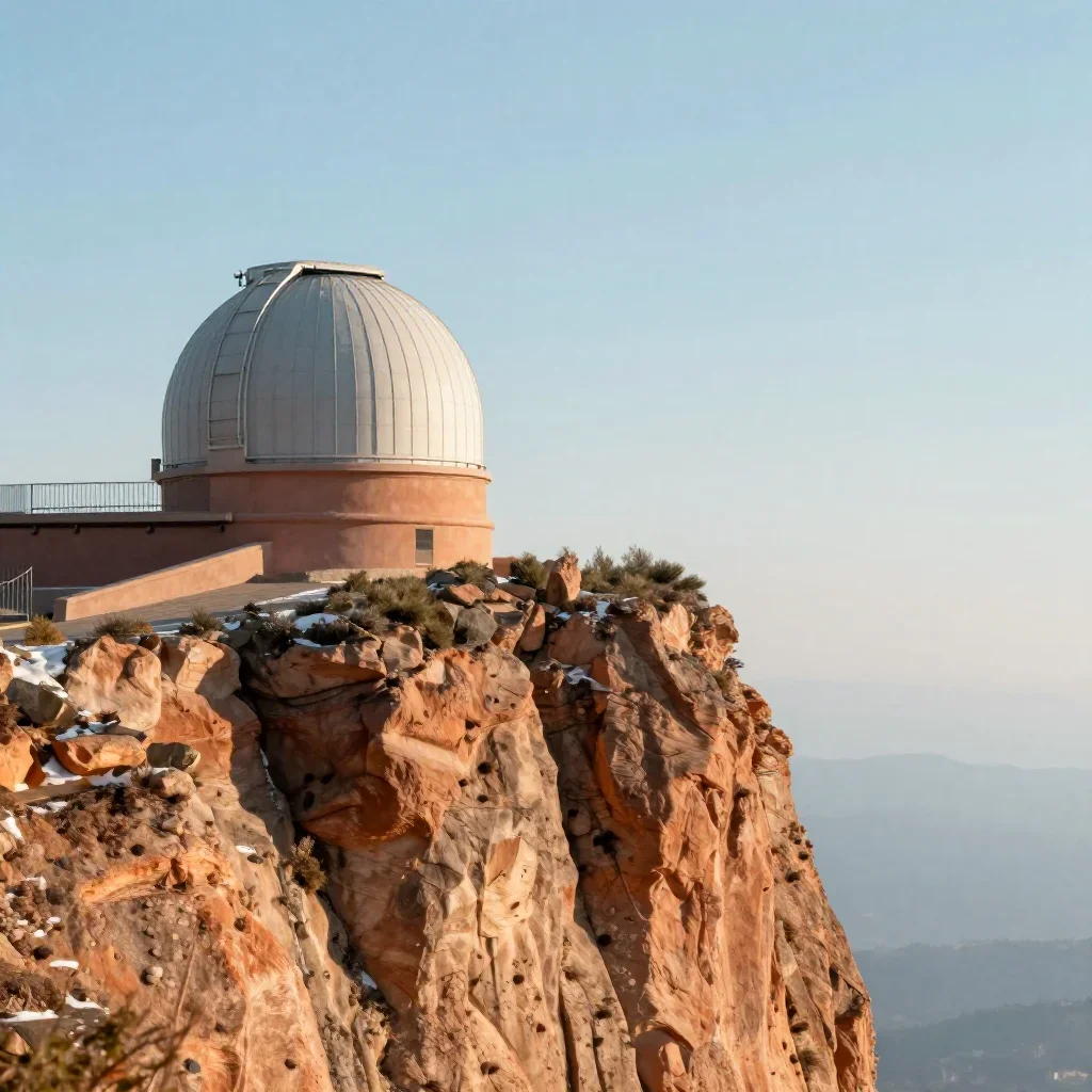 a cliffside observatory in crisp winter sunlight, high-end design magazine photography, calm negative space, terracotta