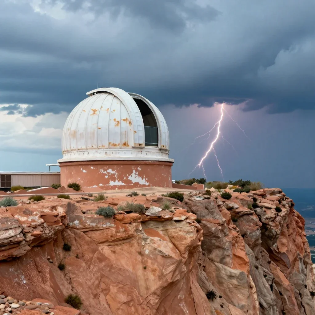 a cliffside observatory after a distant thunderstorm, dreamlike fine-art landscape photography, weathered tactile surfac