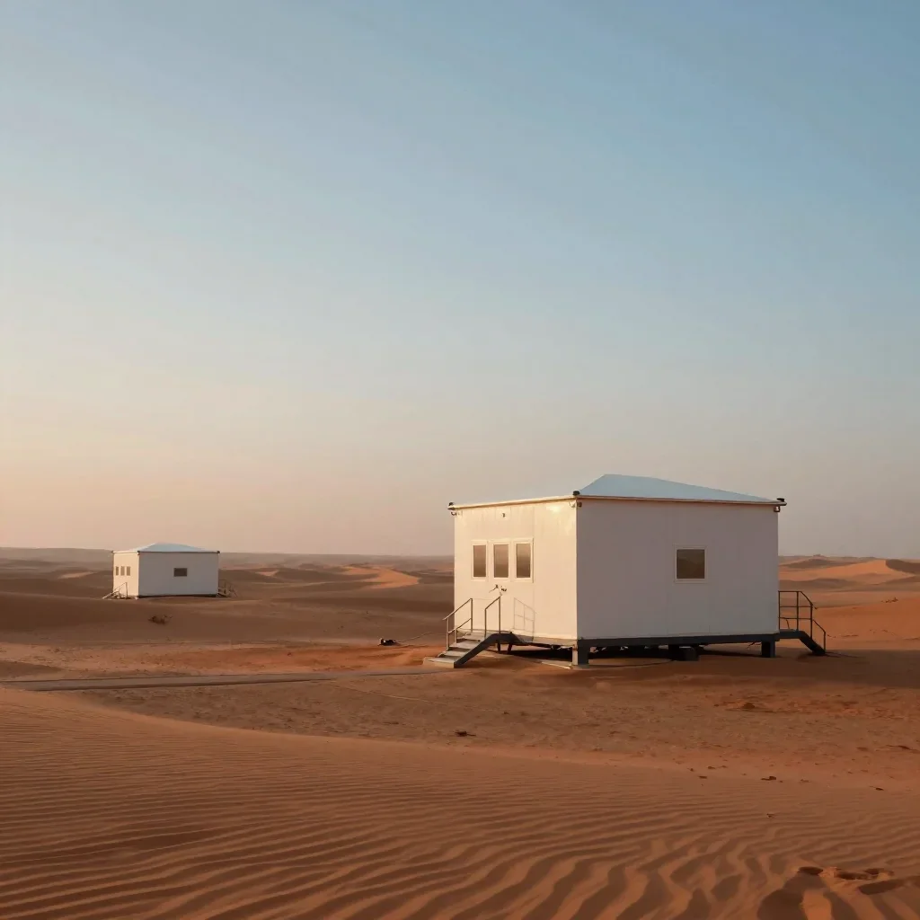 a desert research station in quiet late-afternoon haze, museum-quality still-life photography, atmospheric depth, terrac