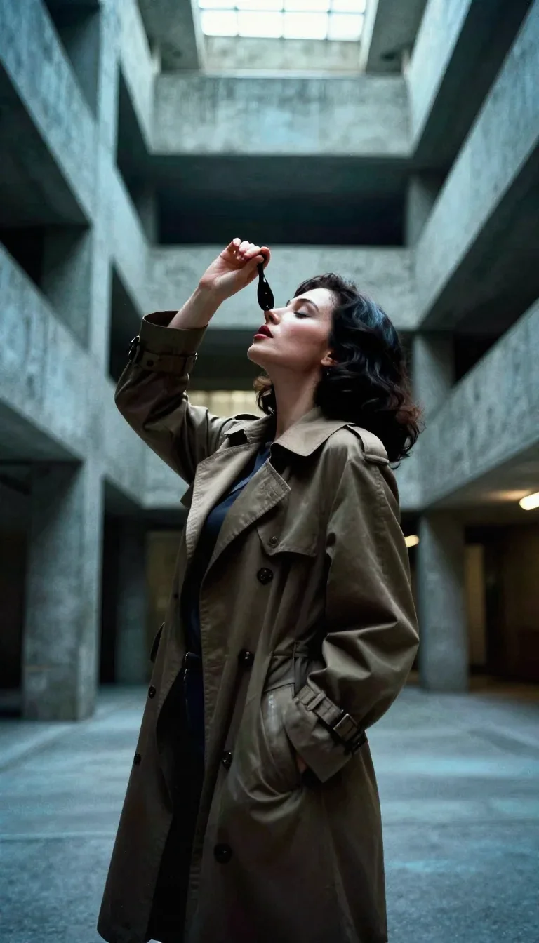 a noir detective's femme fatal muse in a trench coat in a deep breath with eyes closed, in a brutalist concrete atrium, 