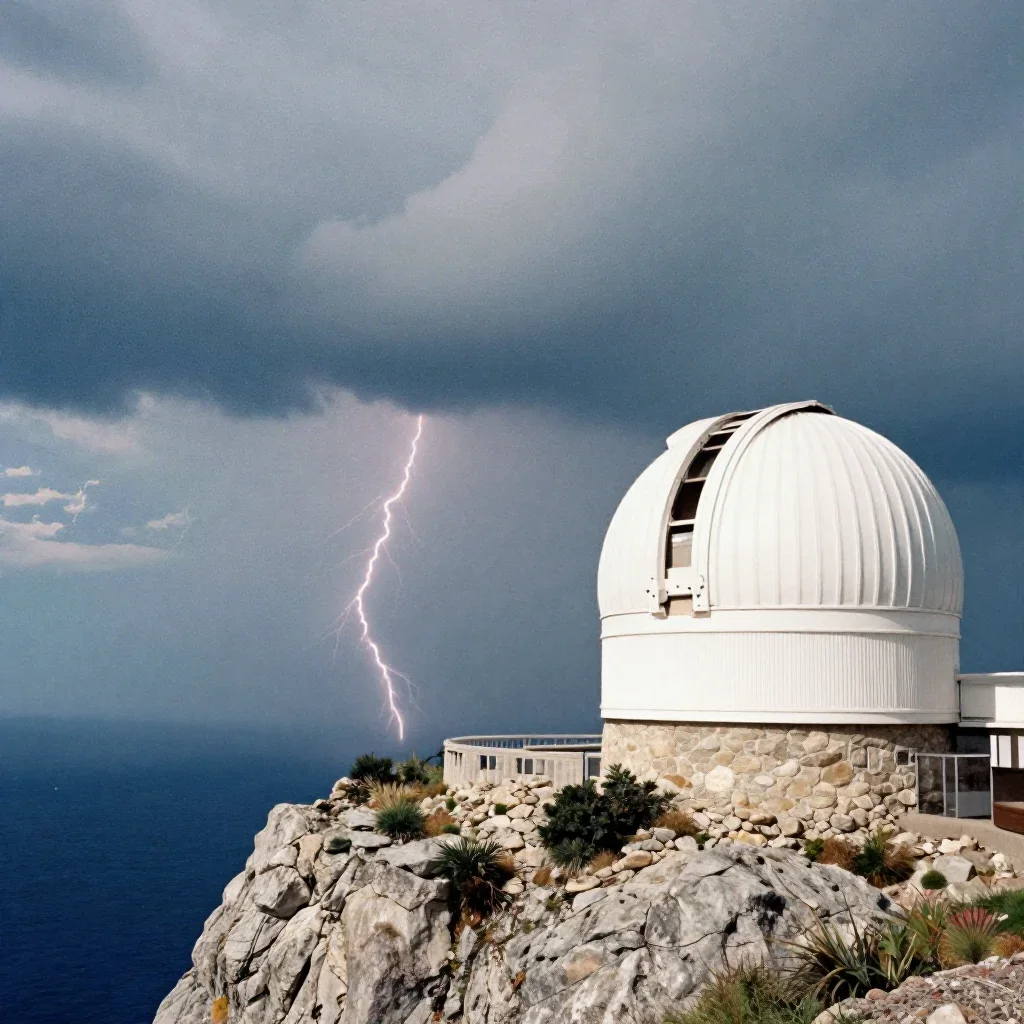 a cliffside observatory after a distant thunderstorm, soft-grain analog film photography, restrained color harmony, indi