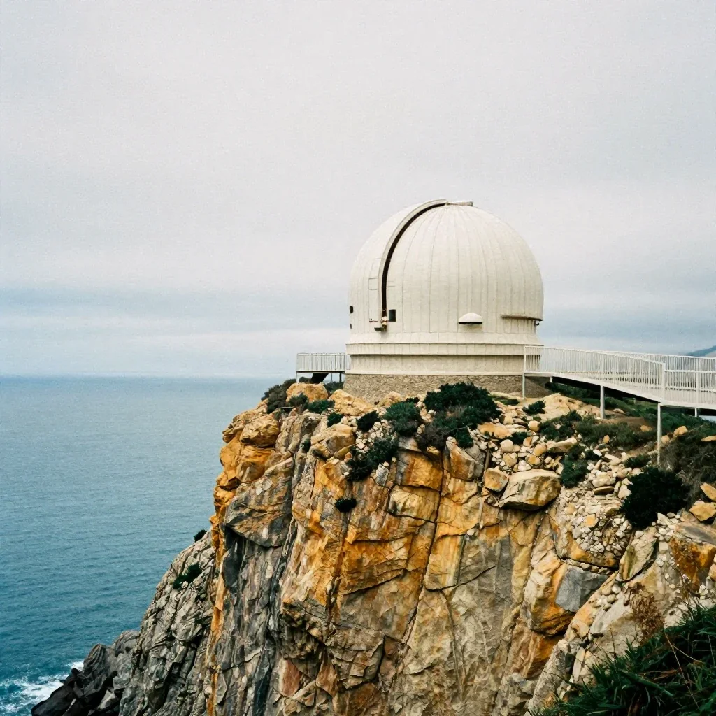 a cliffside observatory under overcast coastal light, soft-grain analog film photography, restrained color harmony, coba