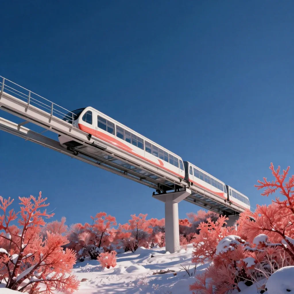 a glass monorail in crisp winter sunlight, dreamlike fine-art landscape photography, restrained color harmony, coral and