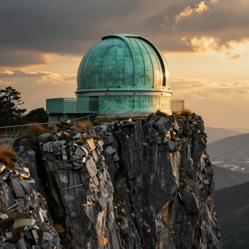 a cliffside observatory during golden hour, dreamlike fine-art landscape photography, crisp material detail, jade and charcoal palette, no people, no text, no logo, no watermark