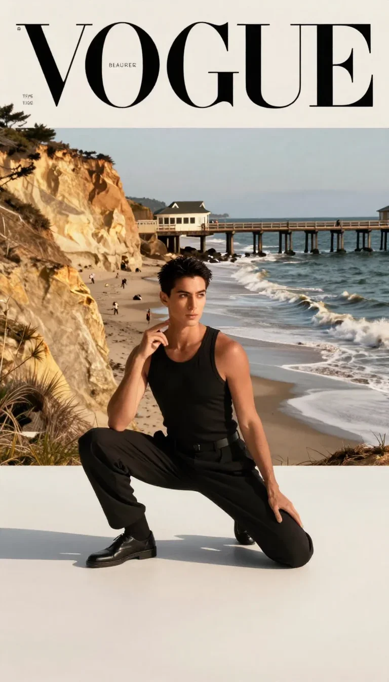 a travel influencer posing on a cliffside at golden hour in a low lunge with a lifted chin, on a storm-washed boardwalk,