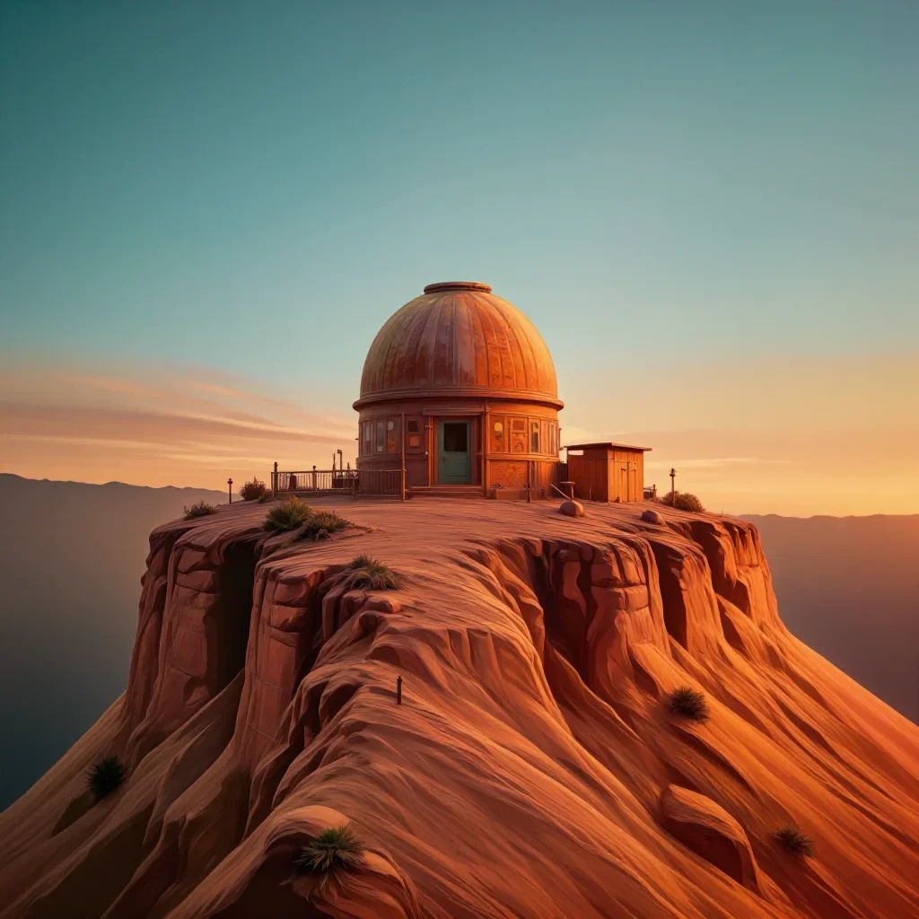 a cliffside observatory during golden hour, dreamlike fine-art landscape photography, restrained color harmony, terracot