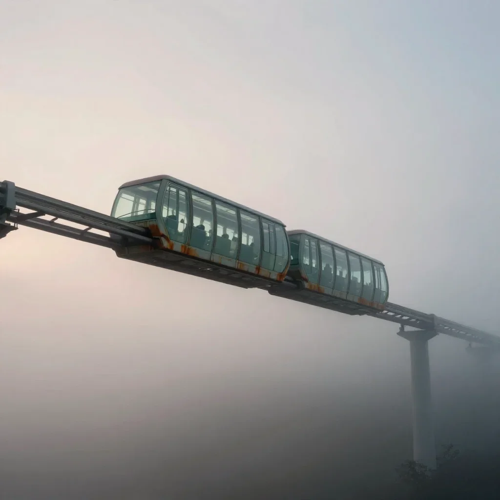a glass monorail under soft dawn fog, quiet science-fiction concept art, gentle reflected light, rust and sage palette, 