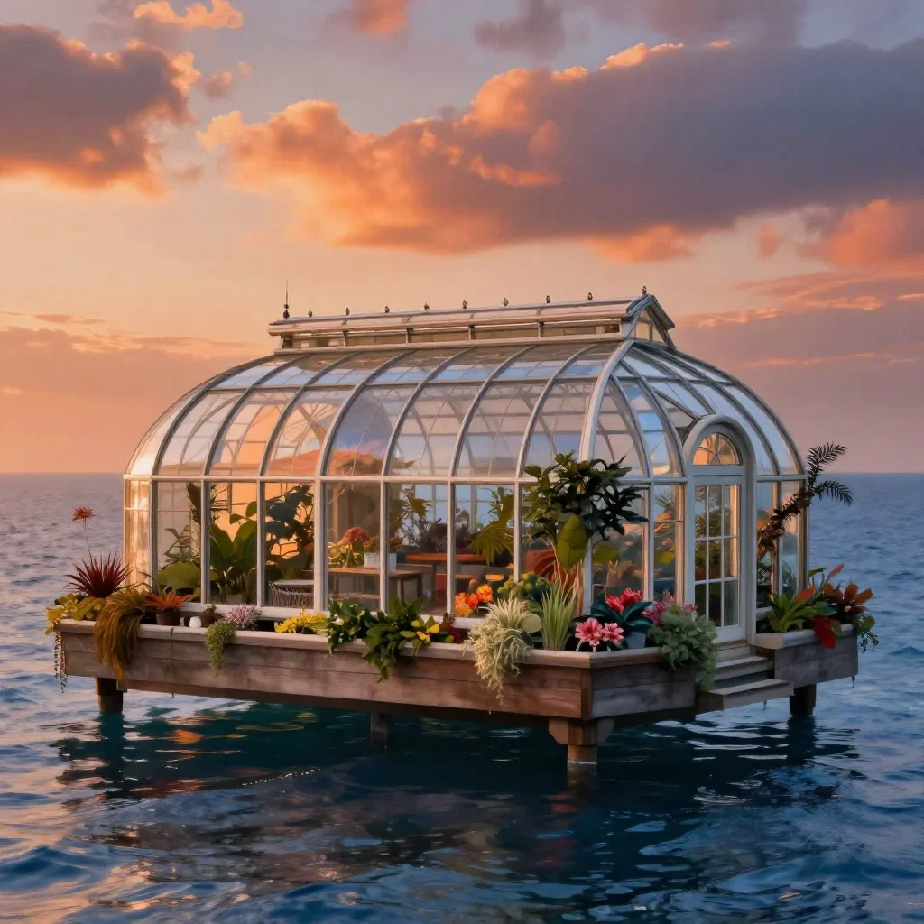 a floating botanical conservatory in a gentle sea breeze, dreamlike fine-art landscape photography, soft volumetric ligh