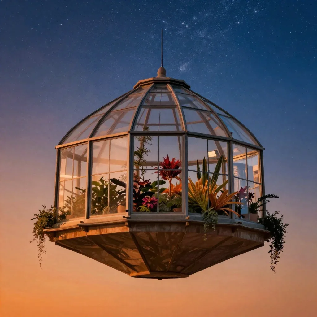 a floating botanical conservatory beneath a star-filled sky, high-end design magazine photography, careful geometric com