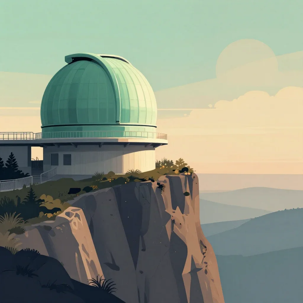 a cliffside observatory during golden hour, modernist poster illustration, soft volumetric light, jade and charcoal pale