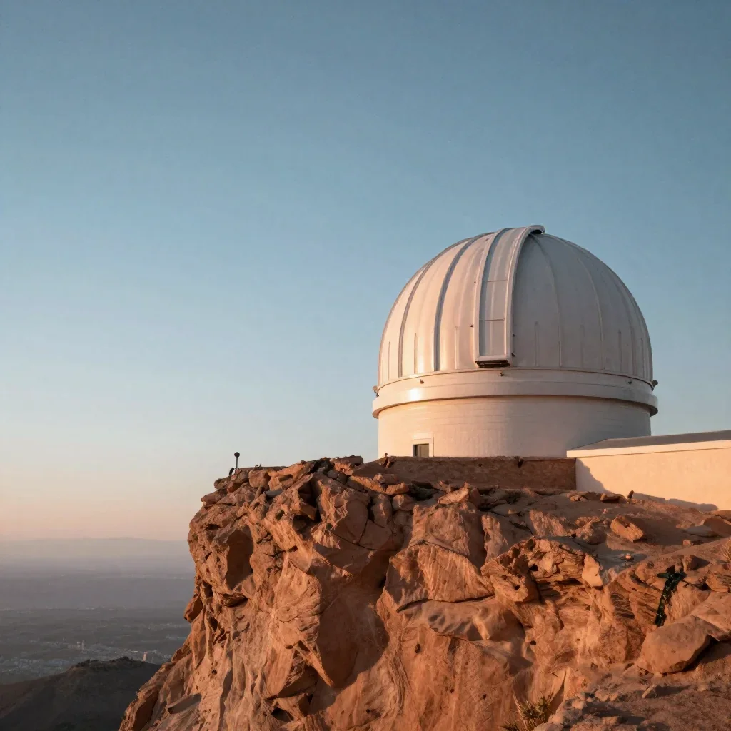 a cliffside observatory beneath a star-filled sky, refined editorial travel photography, soft volumetric light, terracot