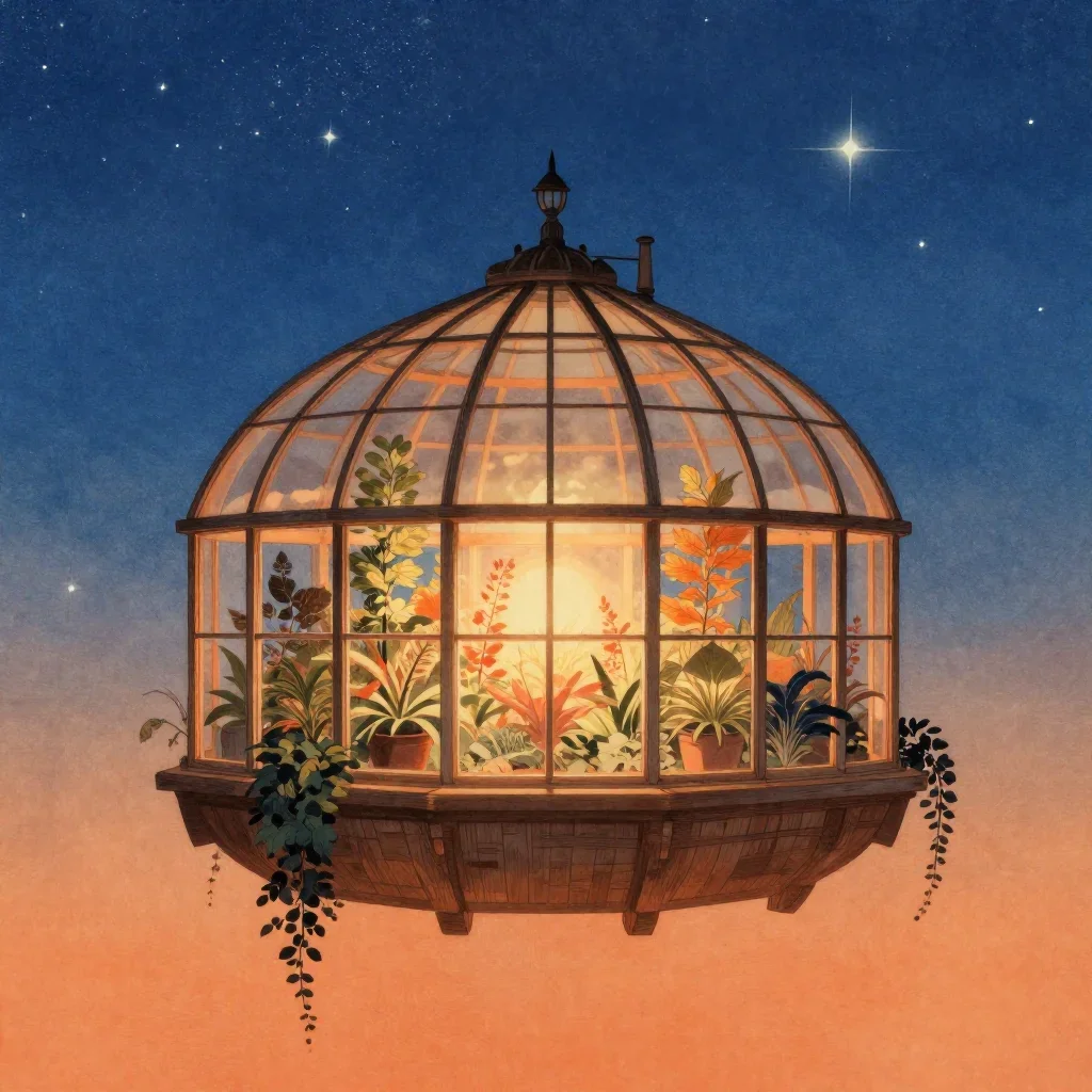 a floating botanical conservatory beneath a star-filled sky, Japanese woodblock-inspired editorial art, soft volumetric 