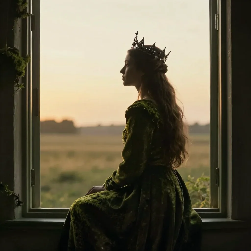 an elven queen in a moonlit silver crown in a seated silhouette against a window, in a backlit golden-hour field, cinema